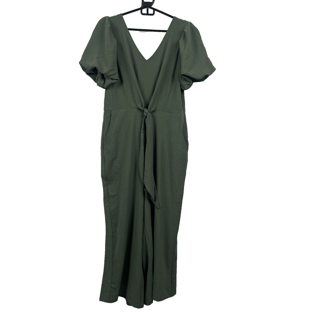 MSK Olive Green Tie Front Wide Leg Jumpsuit Puff Sleeve